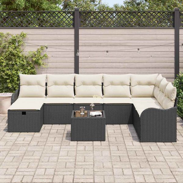 vidaXL Conjunto de sof&aacute; de jard&iacute;n con coj&iacute;n 9 pcs Negro Polirat&aacute;n