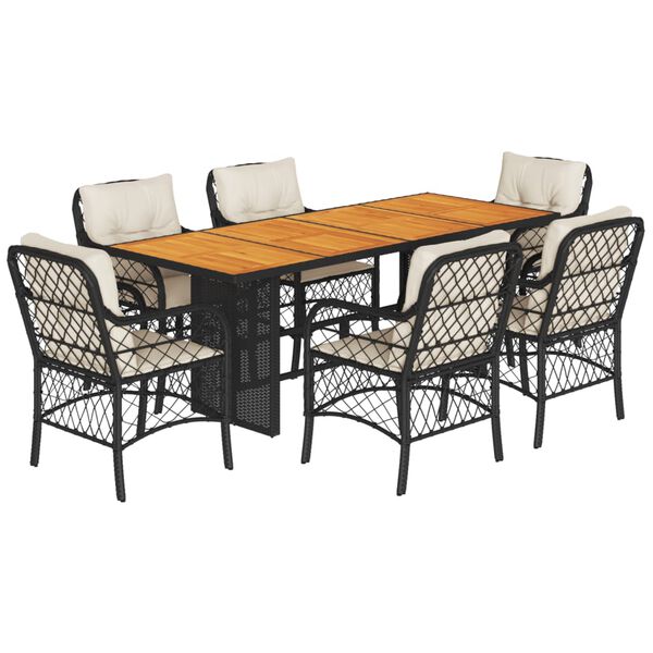 vidaXL Set de comedor de jard&iacute;n 7 pzas y cojines rat&aacute;n sint&eacute;tico negro