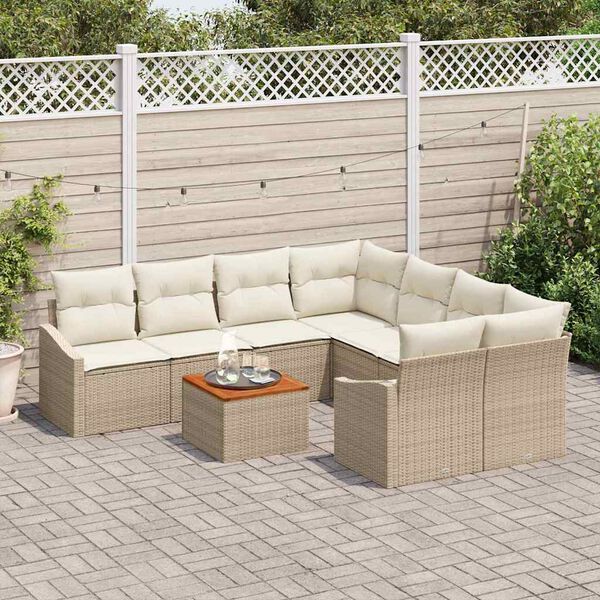 vidaXL Conjunto de sof&aacute;s de jard&iacute;n 9 pcs Beige y Crema rat&aacute;n sint&eacute;tico
