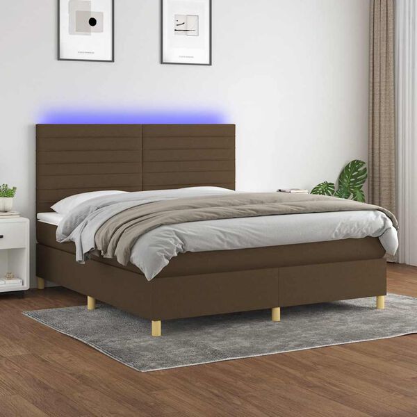 vidaXL Cama box spring colch&oacute;n luces LED tela marr&oacute;n oscuro 180x200cm