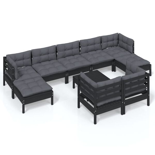 vidaXL Muebles de jard&iacute;n 10 pzas con cojines negro madera maciza pino
