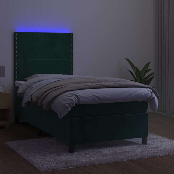 vidaXL Cama box spring colch&oacute;n y LED terciopelo verde oscuro 90x190 cm