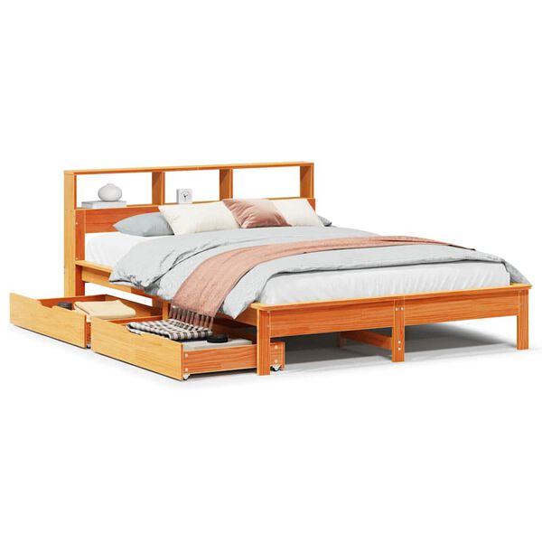 vidaXL Cama con estanter&iacute;a sin colch&oacute;n madera maciza marr&oacute;n 140x200 cm