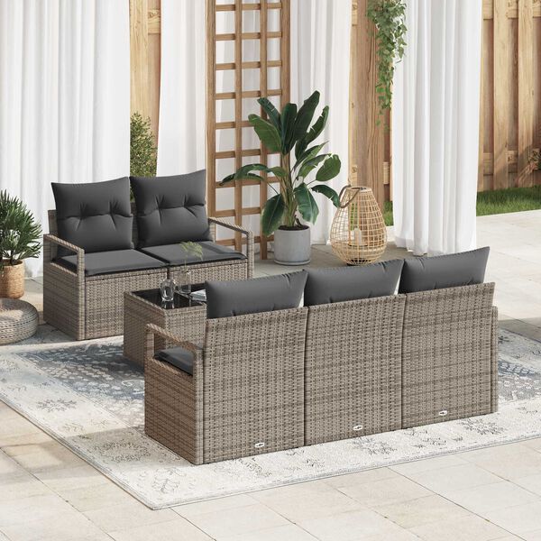 vidaXL Conjunto de sof&aacute; de jard&iacute;n con coj&iacute;n 6 pcs Gris rat&aacute;n sint&eacute;tico