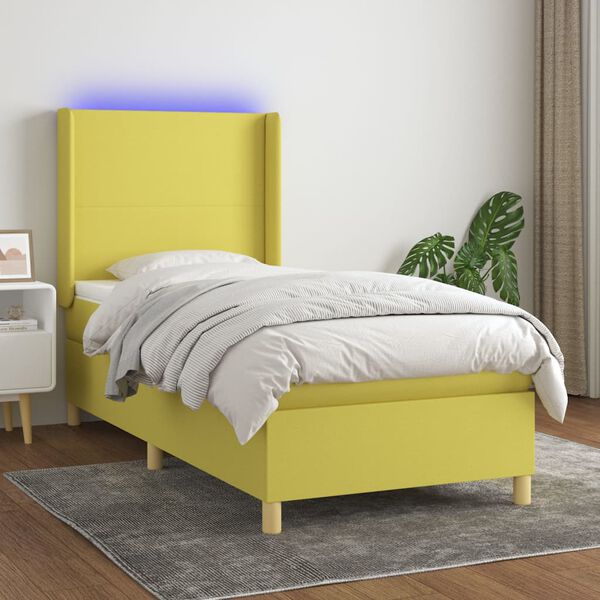 vidaXL Cama box spring colch&oacute;n y luces LED tela verde 90x190 cm