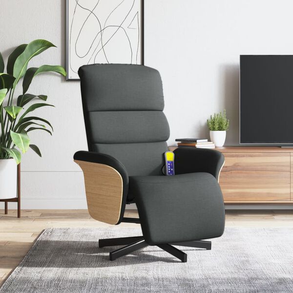vidaXL Sill&oacute;n reclinable de masaje con reposapi&eacute;s tela gris oscuro
