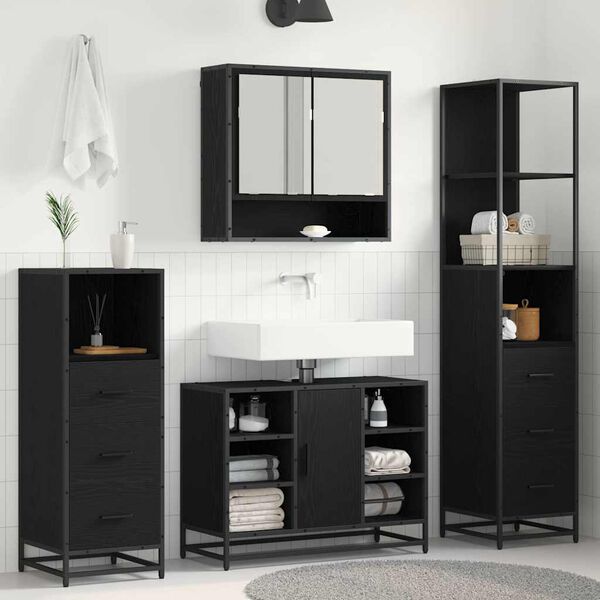 vidaXL Juego de muebles de ba&ntilde;o 3 pcs Roble Negro Madera de ingenier&iacute;a