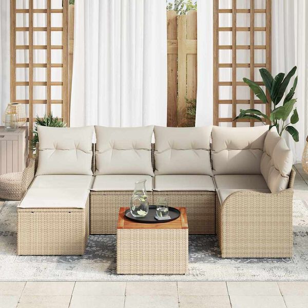 vidaXL Conjunto de sof&aacute; de jard&iacute;n 7 pcs Beige Polirat&aacute;n