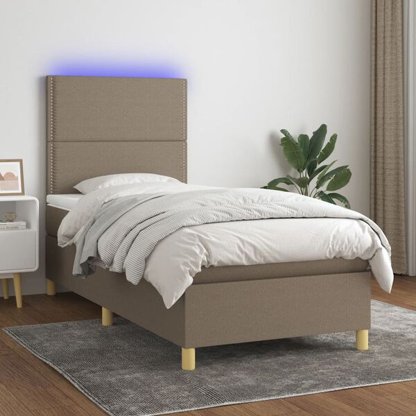 vidaXL Cama box spring colch&oacute;n y luces LED tela gris taupe 90x190 cm