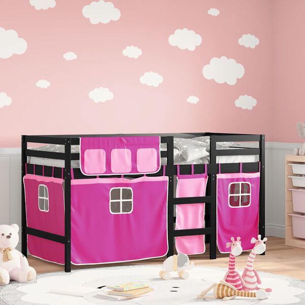 vidaXL Cama alta para ni&ntilde;os con cortinas madera pino rosa 80x200 cm