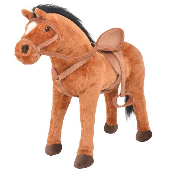 vidaXL Caballo de juguete de pie de peluche marr&oacute;n