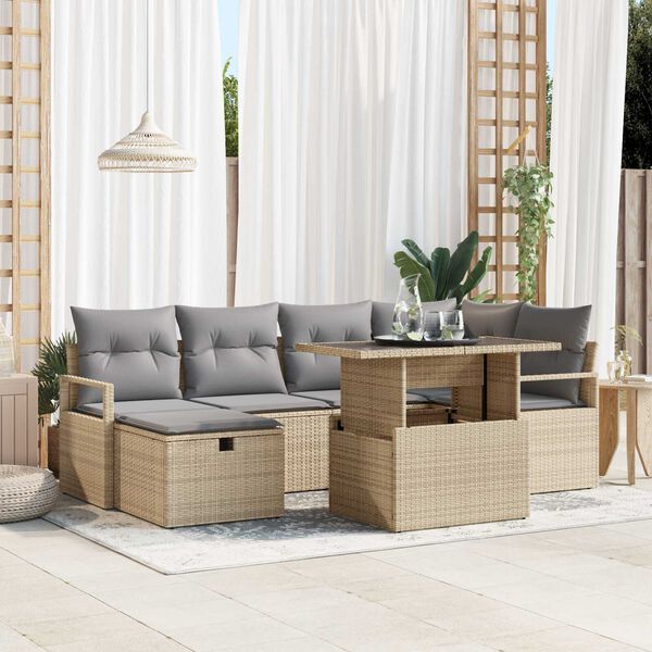 vidaXL Conjunto de sof&aacute; de jard&iacute;n con coj&iacute;n 7 pcs Beige Polirat&aacute;n