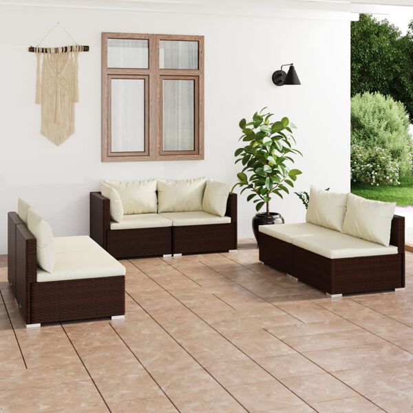 vidaXL Set muebles de jard&iacute;n 6 piezas y cojines rat&aacute;n sint&eacute;tico marr&oacute;n