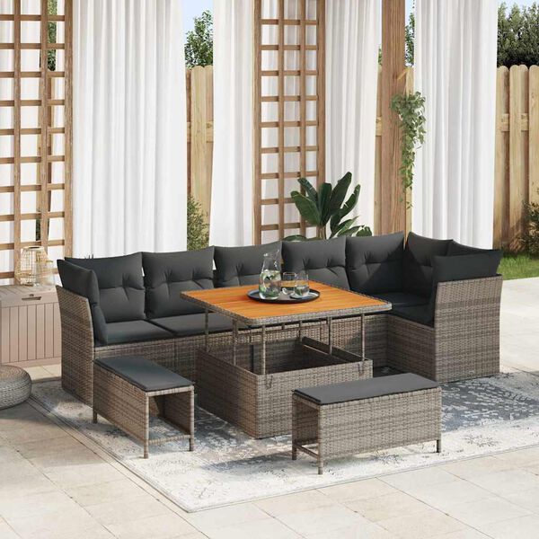 vidaXL Conjunto de sof&aacute;s de jard&iacute;n 9 pcs Gris rat&aacute;n sint&eacute;tico