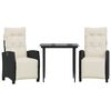 vidaXL Set comedor de jard&iacute;n 3 pzas con cojines rat&aacute;n sint&eacute;tico negro