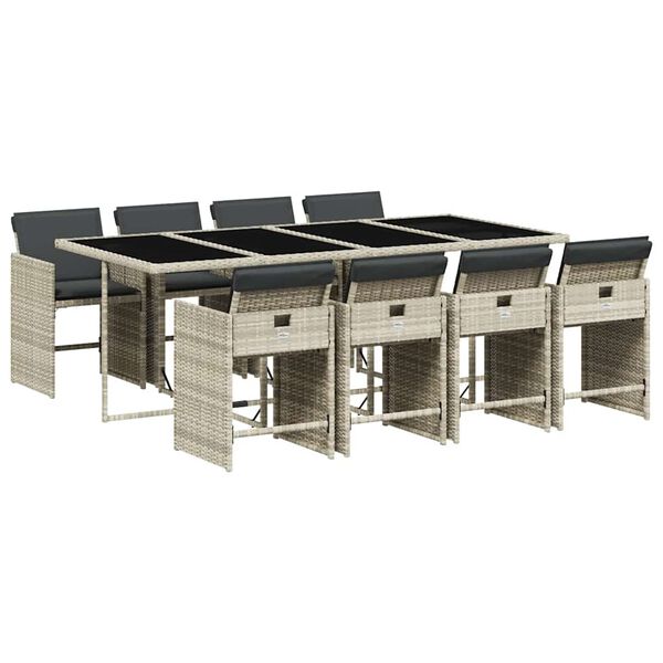 vidaXL Set comedor de jard&iacute;n 9 pzas cojines rat&aacute;n sint&eacute;tico gris claro