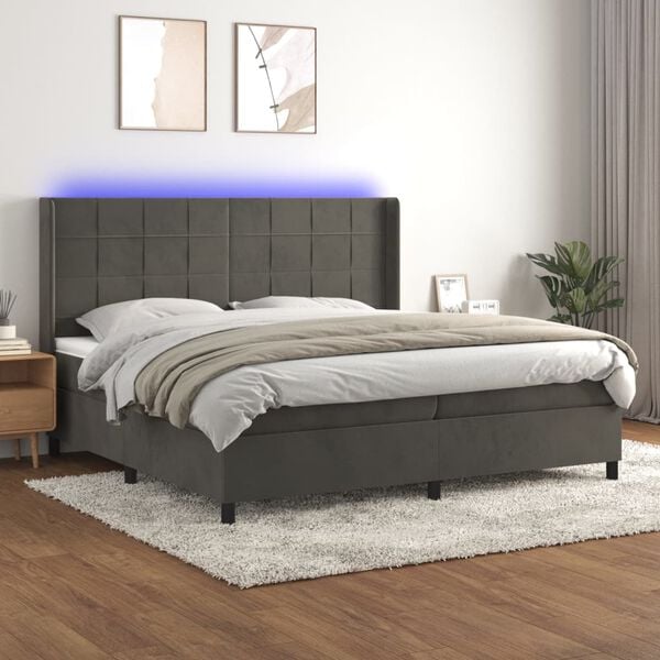 vidaXL Cama box spring colch&oacute;n y LED terciopelo gris oscuro 200x200 cm