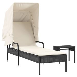 vidaXL Tumbona con capota y mesa rat&aacute;n sint&eacute;tico negro