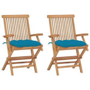 vidaXL Sillas plegables con cojines azul claro, 2 unidades, madera maciza de teca.