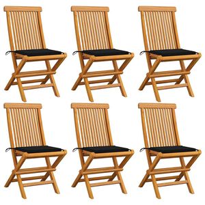vidaXL Sillas plegables con cojines negros, 6 unidades, madera maciza de teca.