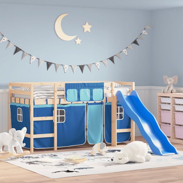 vidaXL Cama alta para ni&ntilde;os con cortinas madera pino azul 80x200 cm