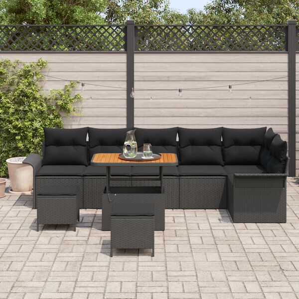 vidaXL Conjunto de sof&aacute;s de jard&iacute;n 9 pcs Negro rat&aacute;n sint&eacute;tico