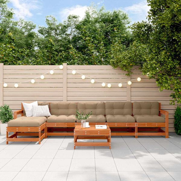 vidaXL Conjunto de Sof&aacute;s de Jard&iacute;n 6 pcs Marr&oacute;n Cera Pino macizo
