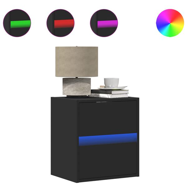 vidaXL Mesita de noche de pared con luces LED negro