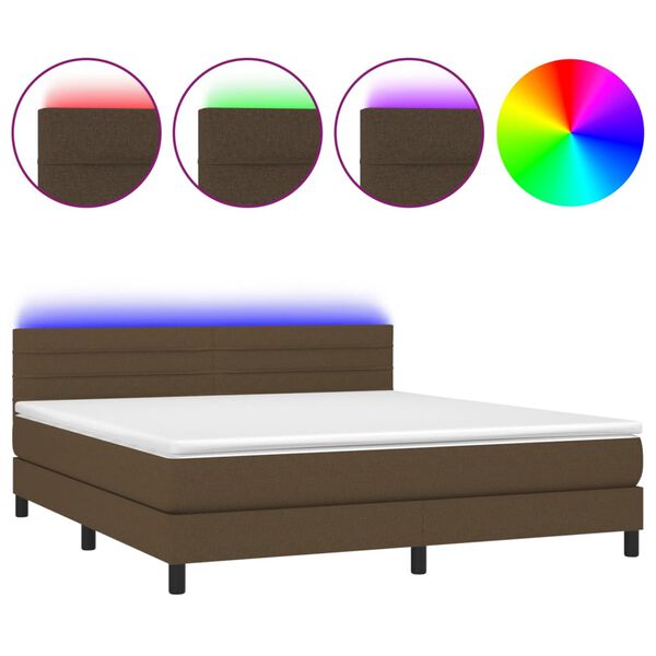vidaXL Cama box spring colch&oacute;n luces LED tela marr&oacute;n oscuro 160x200cm