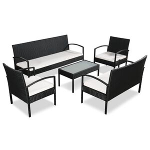 vidaXL Set muebles de jard&iacute;n 5 piezas y cojines rat&aacute;n sint&eacute;tico negro