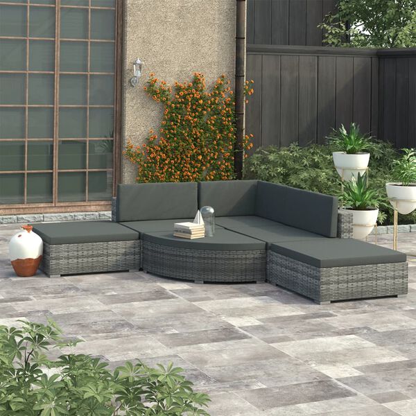 vidaXL Set de muebles de jard&iacute;n 6 pzas y cojines rat&aacute;n sint&eacute;tico gris