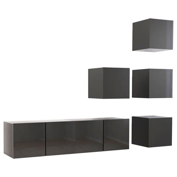 vidaXL Muebles de TV de sal&oacute;n 6 pzas madera de ingenier&iacute;a gris brillo