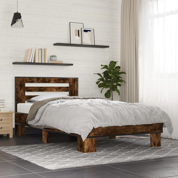 vidaXL Estructura cama madera ingenier&iacute;a metal roble ahumado 90x190 cm