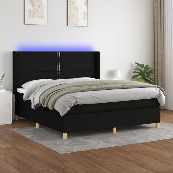vidaXL Cama box spring colch&oacute;n y luces LED tela negro 180x200 cm