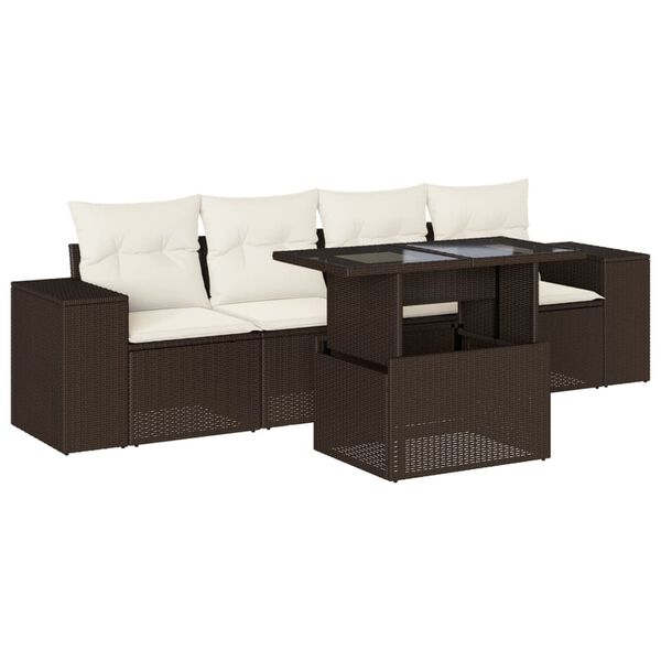 vidaXL Set comedor de jard&iacute;n 5 piezas y cojines rat&aacute;n sint&eacute;tico marr&oacute;n