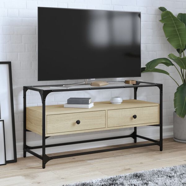 vidaXL Mueble TV cristal y madera ingeniería roble Sonoma 98x35x51 cm