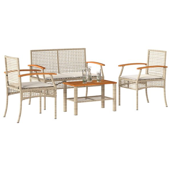 vidaXL Set muebles de jard&iacute;n 4 piezas y cojines rat&aacute;n sint&eacute;tico beige