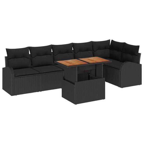 vidaXL Conjunto de sof&aacute; de jard&iacute;n 7 pcs Negro Polirat&aacute;n