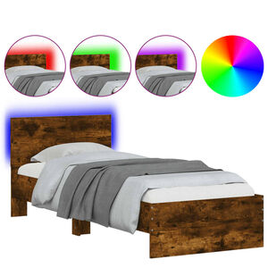 vidaXL Estructura de cama cabecero luces LED roble ahumado 90x200 cm