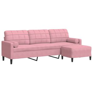 vidaXL Sof&aacute; de 3 plazas con taburete de terciopelo rosa 210 cm