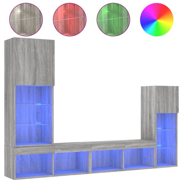 vidaXL Muebles TV pared con LED 4 pzas madera ingenier&iacute;a gris Sonoma