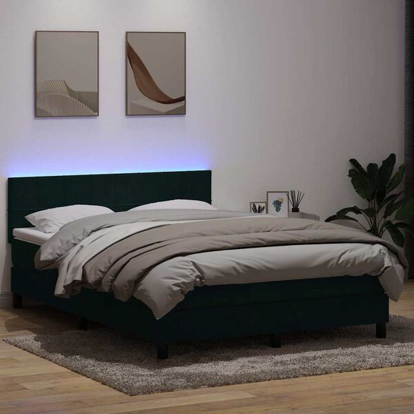 vidaXL Cama box spring con colch&oacute;n y LED terciopelo verde oscuro 140x210 cm