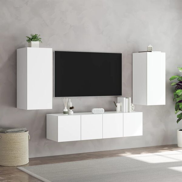 vidaXL Muebles de TV de pared con LED 4 pzas madera ingenier&iacute;a blanco
