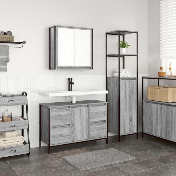 vidaXL Juego de muebles de ba&ntilde;o con caj&oacute;n 2 pcs Gris sonoma y Negro