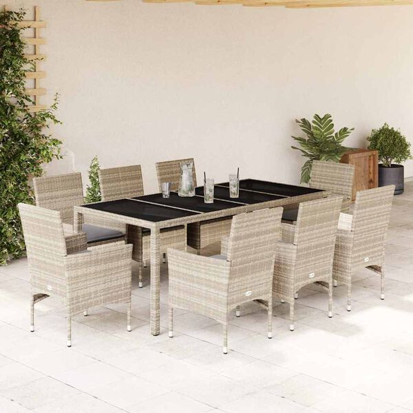 vidaXL Set de comedor jard&iacute;n 9 piezas y cojines rat&aacute;n PE y vidrio gris