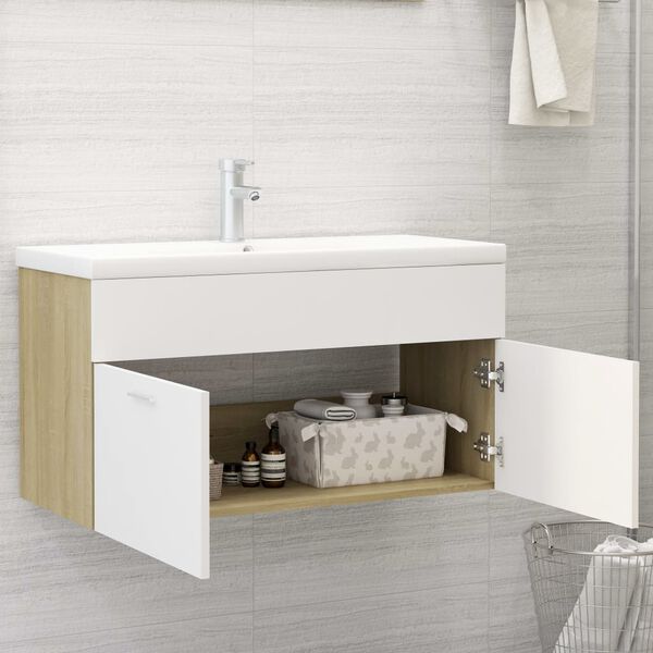 vidaXL Armario para lavabo contrachapada blanco roble 90x38,5x46 cm