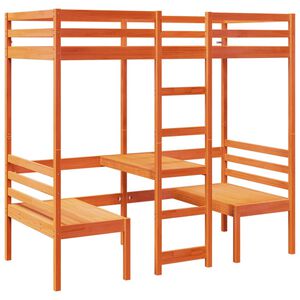 vidaXL Cama alta escritorio y estantes madera maciza marr&oacute;n 90x200 cm