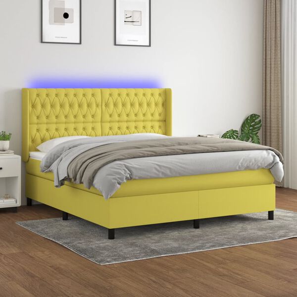 vidaXL Cama box spring colch&oacute;n y luces LED tela verde 160x200 cm
