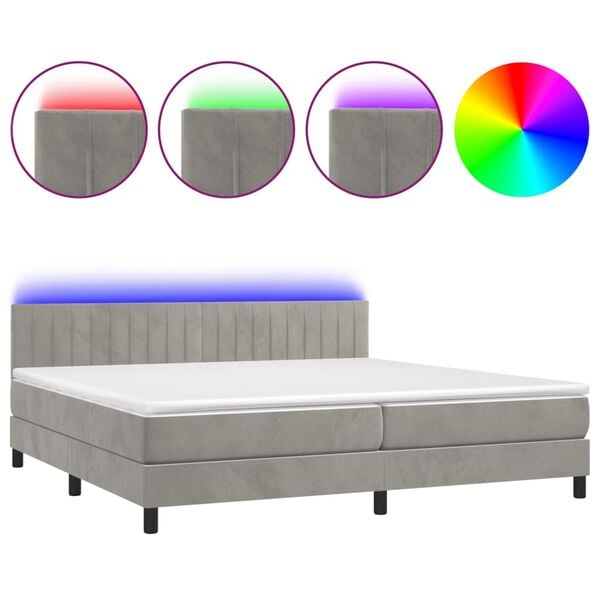 vidaXL Cama box spring colch&oacute;n y LED terciopelo gris claro 200x200 cm