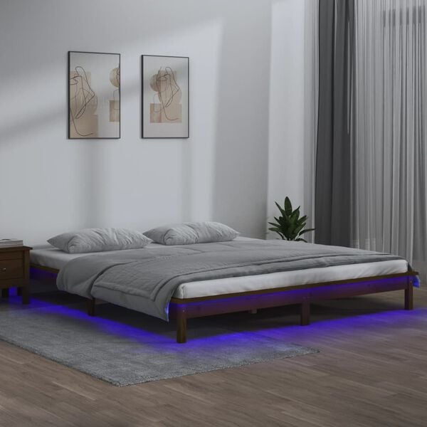 vidaXL Estructura de cama con LED madera maciza marr&oacute;n miel 140x190 cm
